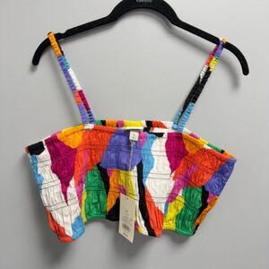 Y2K Festival Smocked Crop Top XL Rainbow Abstract Strappy NWT